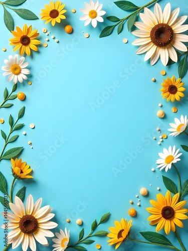A whimsical blue card design with hand-painted flowers, featuring playful daisies, sunflowers, and polka dots, arranged on a kraft paper background.