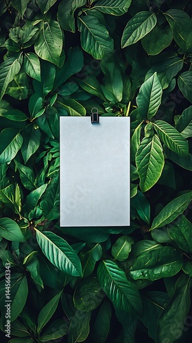 Square Textured Paper with Binder Clip, Green Leaves Background, Minimalist Design