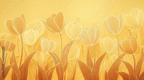 Vibrant yellow tulips blooming in a sunny garden with soft sunlight illuminating the petals and lush green leaves creating a cheerful sp scene