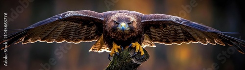 A large bird of prey perched with wings spread wide