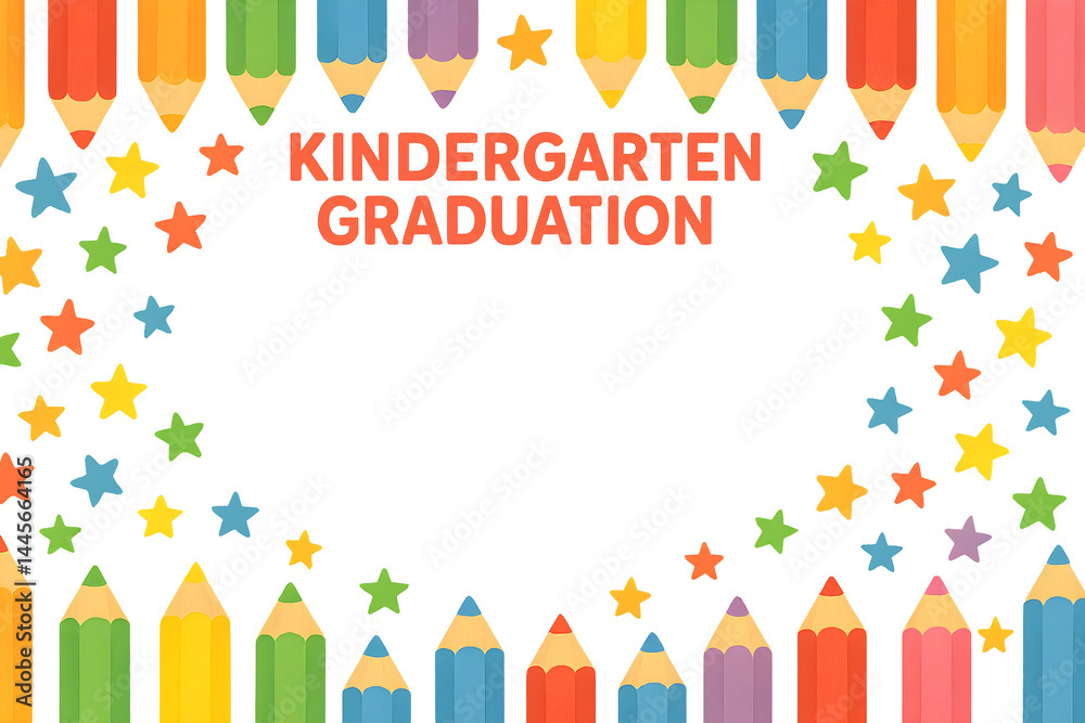 A colorful border of pencils and stars with the text Kindergarten Graduation in the center. Concept Kindergarten Graduation Design, Colorful Pencil Border, Star Elements, Festive Theme
