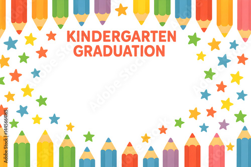 Obraz na płótnie A colorful border of pencils and stars with the text Kindergarten Graduation in the center. Concept Kindergarten Graduation Design, Colorful Pencil Border, Star Elements, Festive Theme w salonie