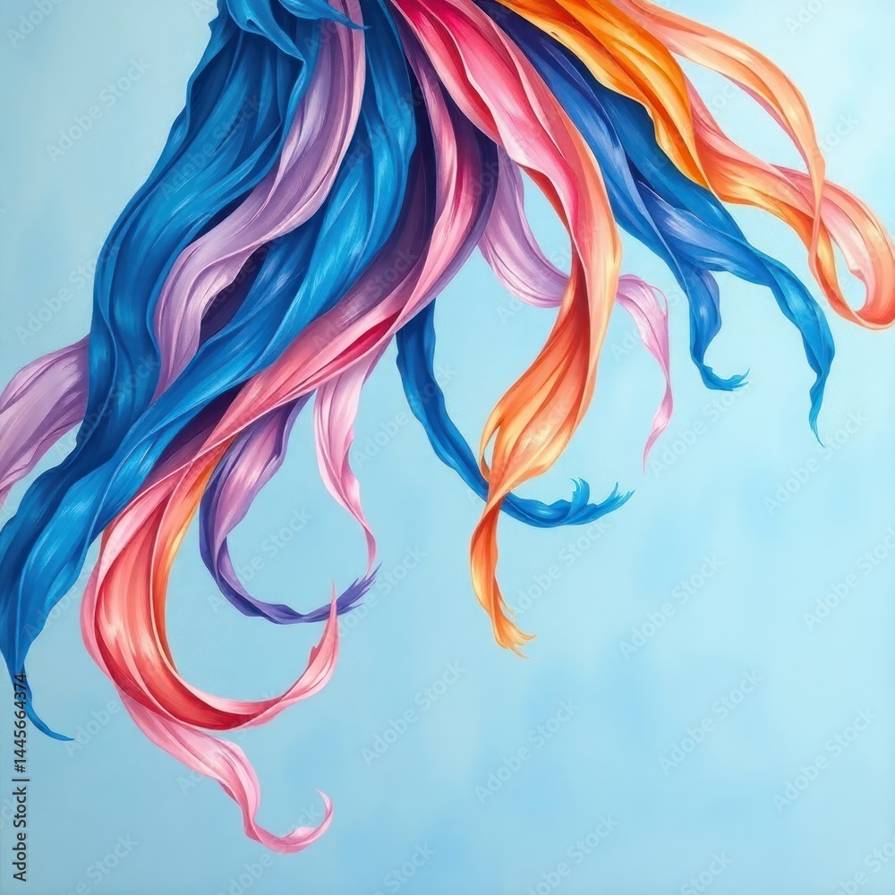 Fototapeta premium Vibrant, flowing ribbons of color against a pale blue backdrop