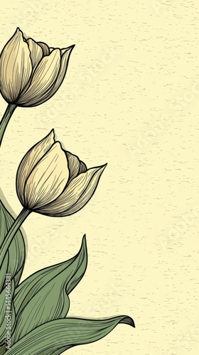 Vintage beige background with two detailed hand-drawn tulip flowers and green leaves, elegant botanical illustration in a classical style for design projects