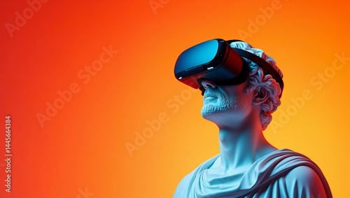 Futuristic art concept with classical sculpture wearing virtual reality headset on gradient background