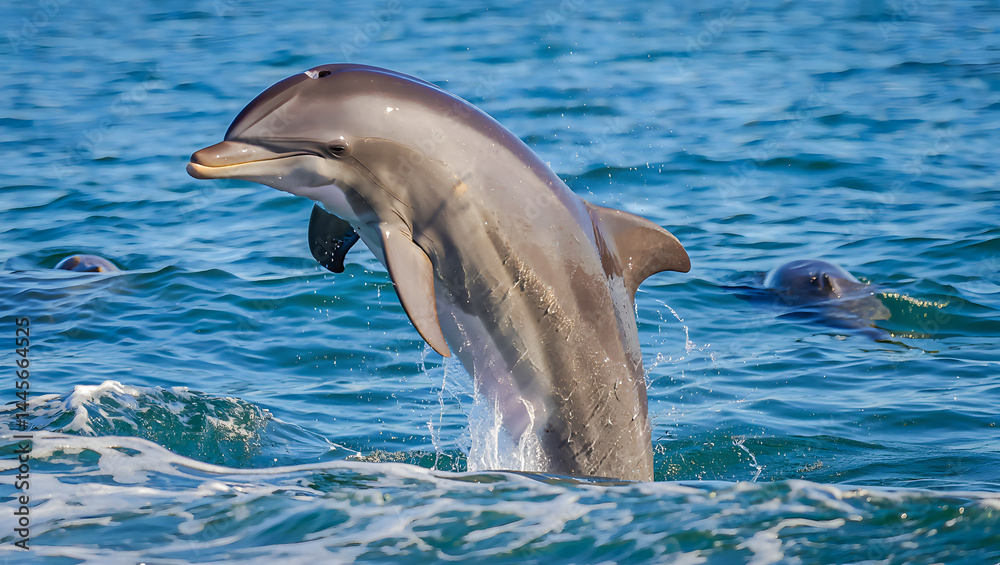 Obraz premium A stunning dolphin leaps from the ocean, creating a splash in this beautiful nature scene.