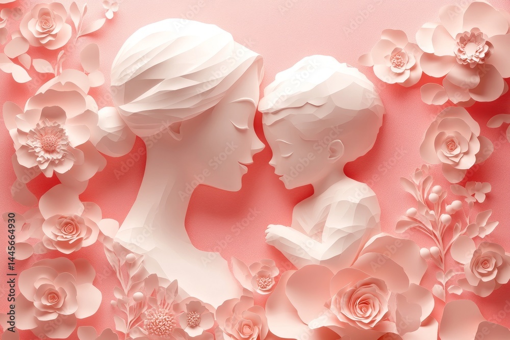 Fototapeta premium Delicate, sculpted figures of mother and child amidst floral design.