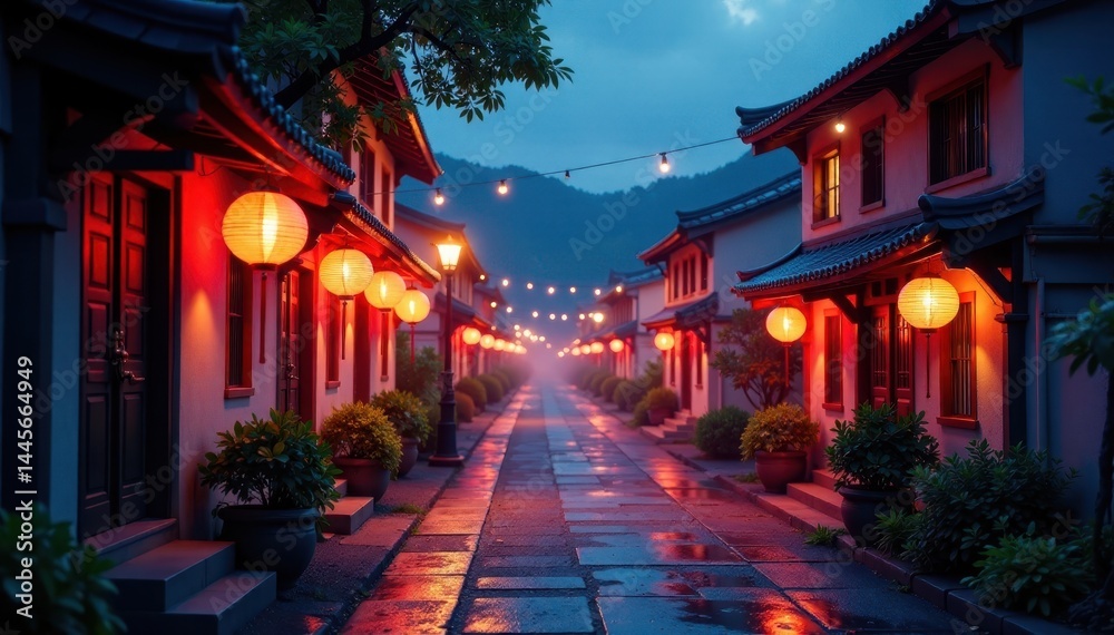 Naklejka premium Twinkling lanterns light the way through the village, peaceful scene, twilight