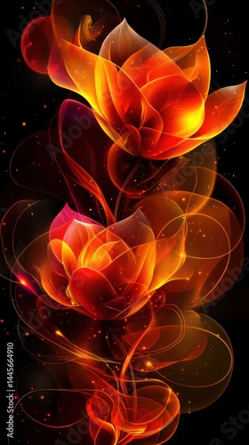 Vibrant fiery flower flames glowing with bright orange red and yellow hues surrounded by dark background creating an abstract energetic floral pattern