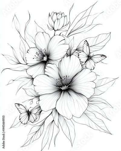 Wallpaper Mural Elegant black and white floral illustration featuring butterflies and leaves, perfect for artistic decoration. Torontodigital.ca