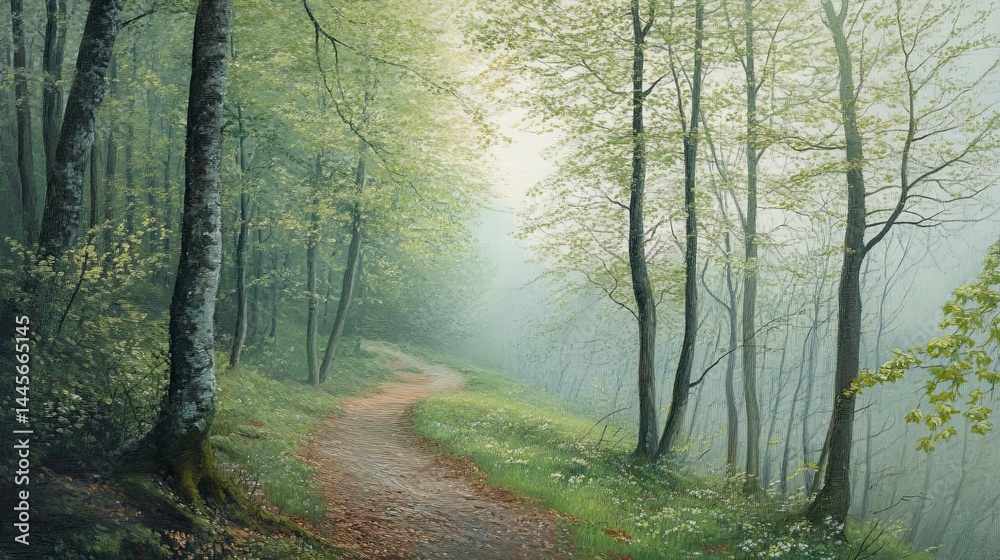 Naklejka premium Forest path in early spring with fresh green leaves, misty morning light, peaceful mood, realistic photography