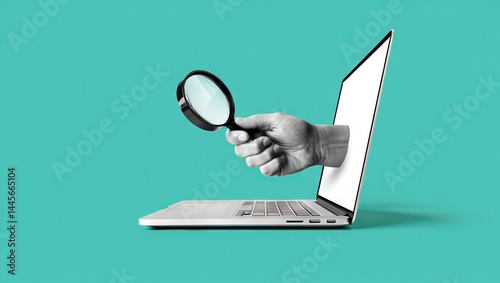 Digital exploration concept with hand holding magnifying glass emerging from laptop screen on turquoise background for technology search and innovation themes