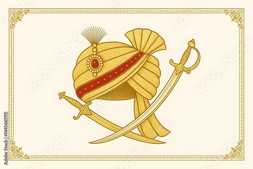 Obraz na płótnie A decorative illustration featuring a traditional turban and two crossed swords in an ornate design. Concept Traditional Turban Art, Ornate Sword Design, Cultural Symbolism, Decorative Illustrations w salonie