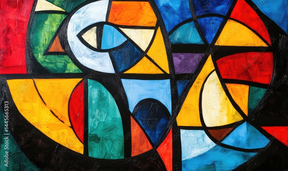 Fototapeta premium Vibrant abstract composition with geometric shapes and bold colors in modern art style. AI generated illustration.