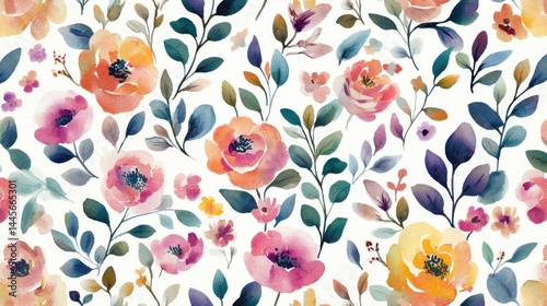 Beautiful watercolor floral pattern with colorful flowers and various leaves