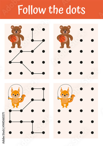 Handwriting, dot to dot page, educational activity for kindergarten, homeschooling. Preschool education, game, learning writing page, logical games, puzzle. Fine motor skills practice for kids.