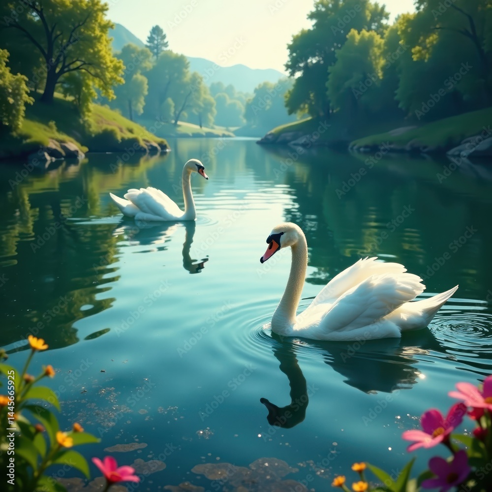 Fototapeta premium Two white swans glide across serene lake waters, surrounded by lush greenery and vibrant aquatic life , lake, ornithology