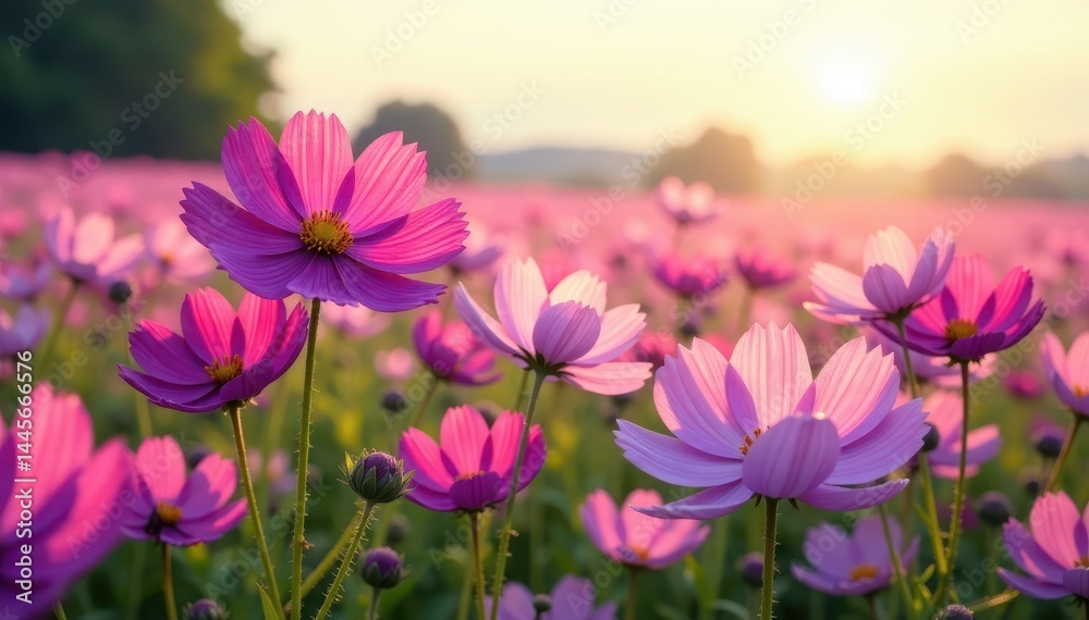 Vast purple cosmos flower field with soft sunlight and gentle breeze, sunny day, landscape Vast purple cosmos flower field with soft sunlight and gentle breeze, sunny day, landscape