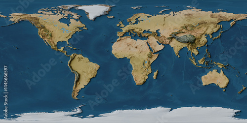 World map of land and ocean floor terrain with blended colors and satellite imagery