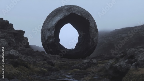 Massive stone sphere with a hollow center, sits amidst a misty landscape of rugged volcanic terrain