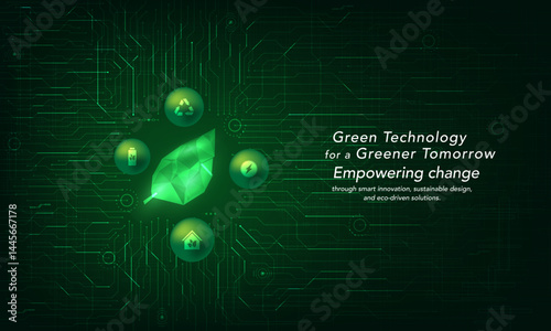 Futuristic green technology background with eco icons; digital circuit; and polygonal leaf concept.