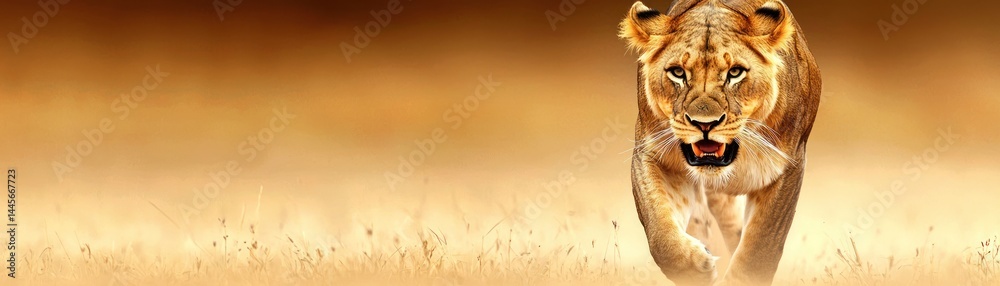 Fototapeta premium A fierce lioness walks towards the viewer with focused eyes