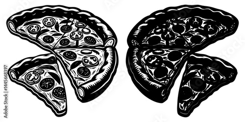 Graphical set of pizza isolated on white background, vector sketch, Italian pizza