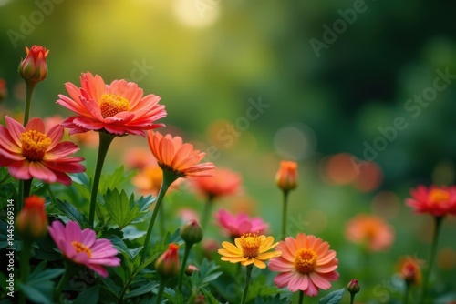 Vibrant flowers blooming in a lush garden with greenery and colorful foliage , garden, vibrant flowers