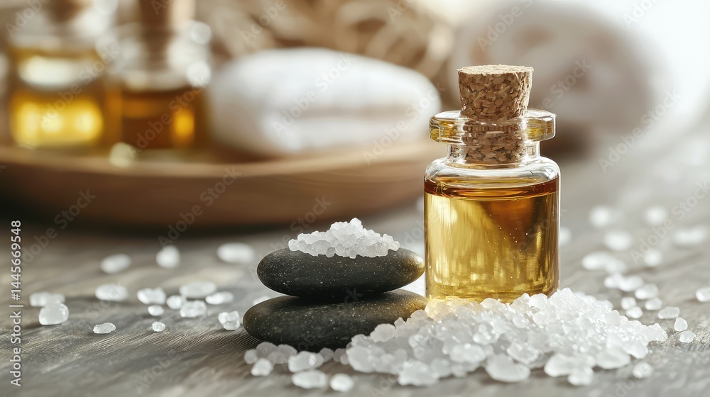 A serene spa scene with essential oils, smooth stones, and sea salt arranged for a facial treatment.