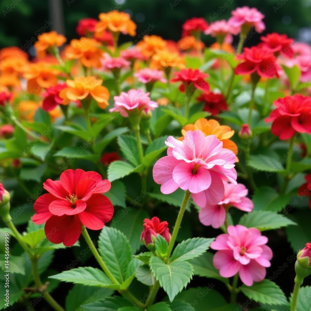 Vibrant geraniums fill a flower bed with colorful blooms in the foreground amidst lush greenery and vibrant flowers background, geraniums, colorful blooms Vibrant geraniums fill a flower bed with colorful blooms in the foreground amidst lush greenery and vibrant flowers background, geraniums, colorful blooms