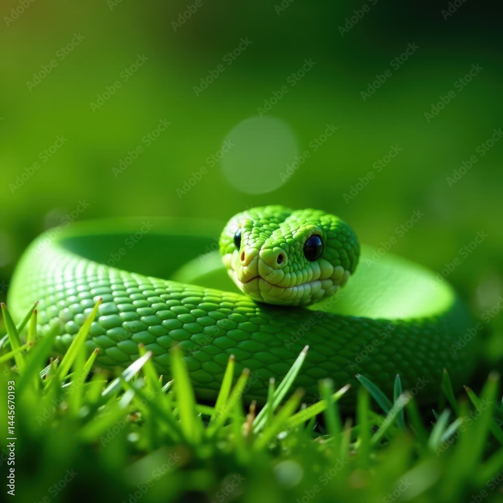 Fototapeta premium Vibrant green snake coiled in grass, showcasing its intricate scales , wildlife, green snake