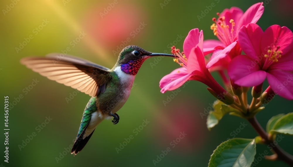 Naklejka premium Vibrant hummingbird alighting on honeysuckle petals, spring, birds
