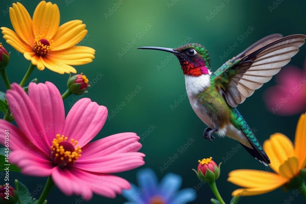 Fototapeta premium Vibrant hummingbird amidst colorful floral elements, flowers, hummingbirds