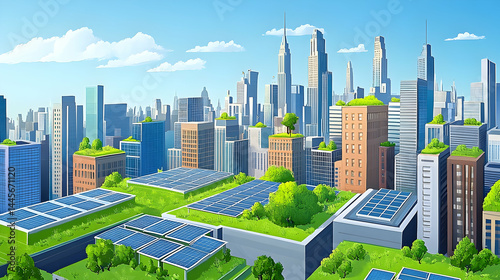 Futuristic metropolis showcases eco-friendly buildings and renewable energy sources photo