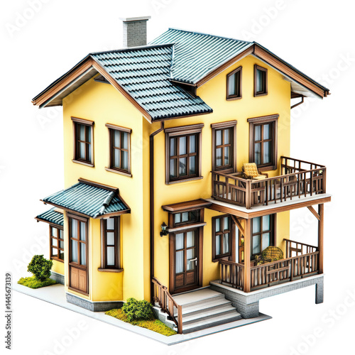 Elegant yellow multi-story house with wooden balconies and gray tiled roof showcasing classic architecture with large and surrounding greenery