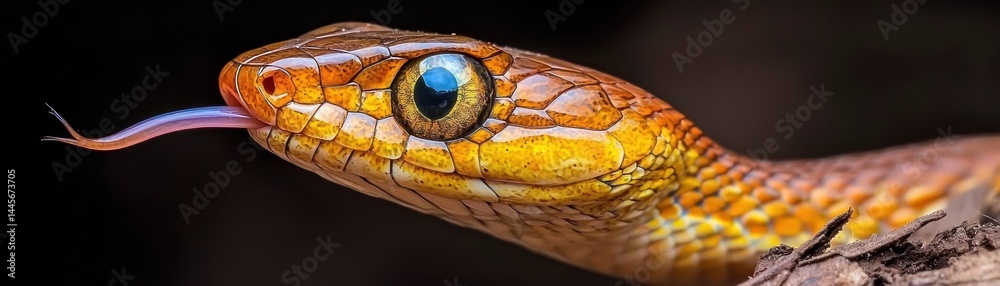 Fototapeta premium Detailed close up portrait of a colorful snake showing tongue