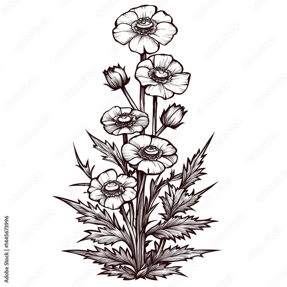 Obraz premium Detailed black and white illustration of wildflower bouquet features delicate petals and intricate leaves, capturing natural beauty and elegance of flowers