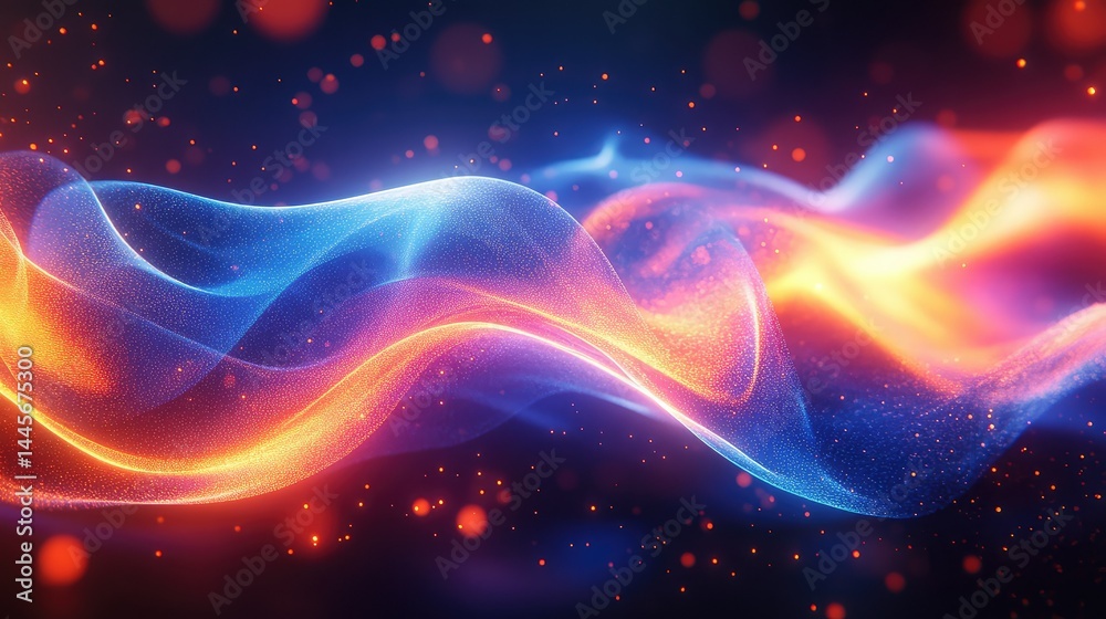 Obraz premium Abstract flowing energy waves in vibrant blue and orange. Particles and light effects create a dynamic, ethereal scene