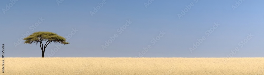 Fototapeta premium A solitary tree stands in the golden grass field beneath blue skies