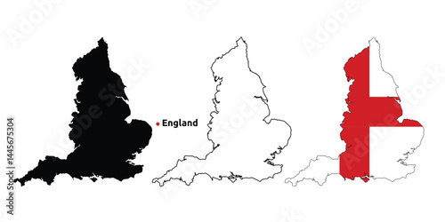 England Map Vector - Country Outline, Flag Inside Map, Blank and Silhouette Version