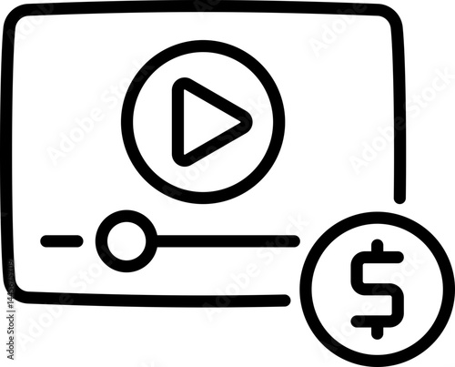 Monetized video icon with play button and dollar symbol - Editable Stroke SVG, fully scalable.