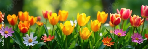 Close-up colorful spring flowers, lush green foliage, spring backdrop, green, blossom