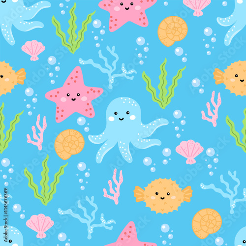 Seamless pattern with cute sea octopuses, fish, and starfish, surrounded by coral and seaweed. Pastel vector design perfect for baby textiles and nursery wallpaper