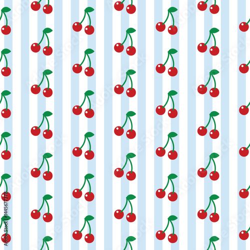 Pattern red Cherry fruity with Blue Line pastel cute feminine summer textile, wallpaper, adorable