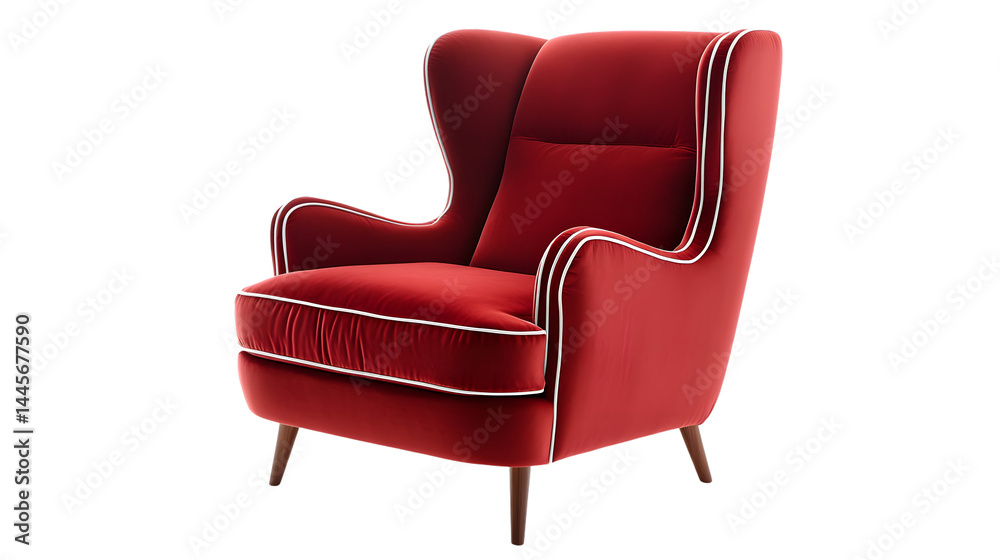 Naklejka premium Luxurious Red Velvet Armchair with Classic Wingback Design