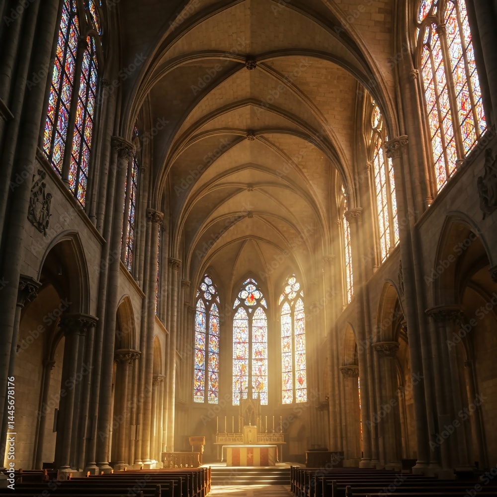 Fototapeta premium Close-up of sunbeams shining through stained-glass windows in a majestic Gothic cathedral interior, highlighting intricate stone textures and architectural details.