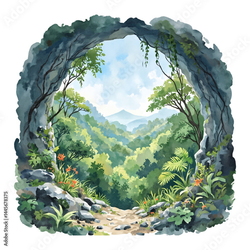 Stunning View from Inside Cave Jungle Panorama Watercolor Painting Illustration Isolated Hand Drawn