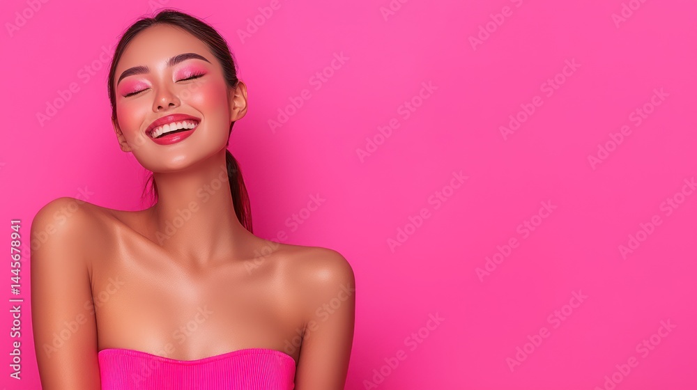 A Beautiful Woman Smiling With Pink Makeup and Background A Beautiful Woman Smiling With Pink Makeup and Background