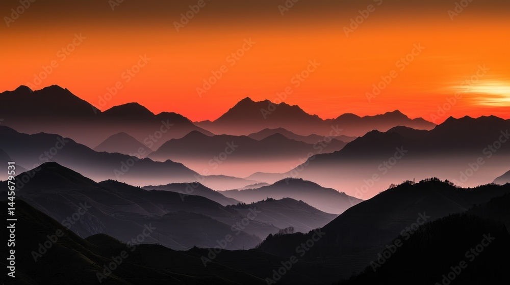 Fototapeta premium Layered mountain ranges are silhouetted against a vibrant orange sunset sky
