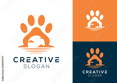 Dog paw with sunset or sun logo design for petshop and vet